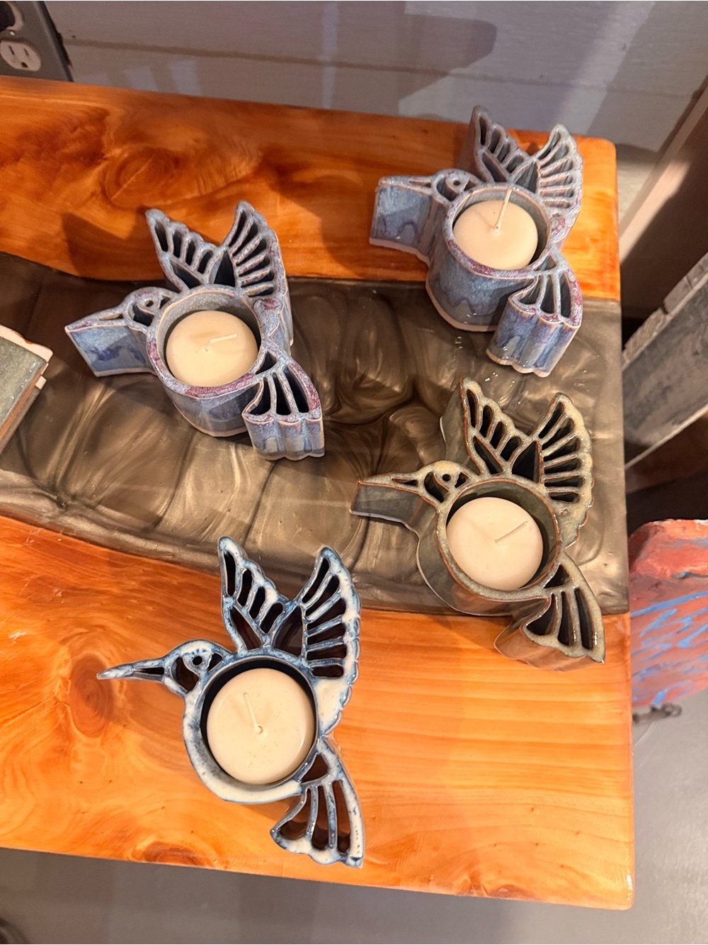 One Hummingbird Ceramic Tea Light Candle Holders - Blue and green avail.
